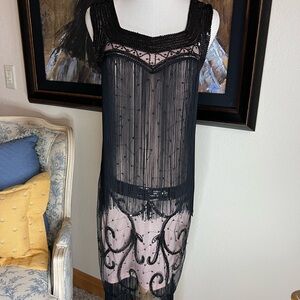 Vintage Black Nude Beaded Flapper Dress Size S